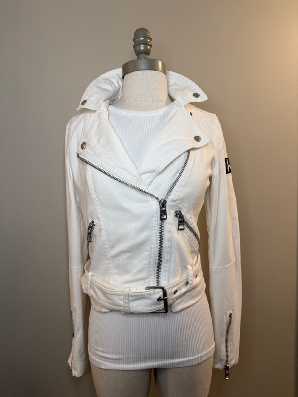 Calvin Klein Jeans White Moto Jacket with Belted Waist